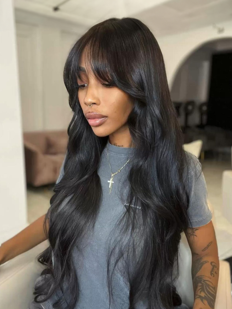 Sunber Yaki Straight Human Hair Glueless Wig with Blunt Cut Bangs Natural Black Color Flash Sale