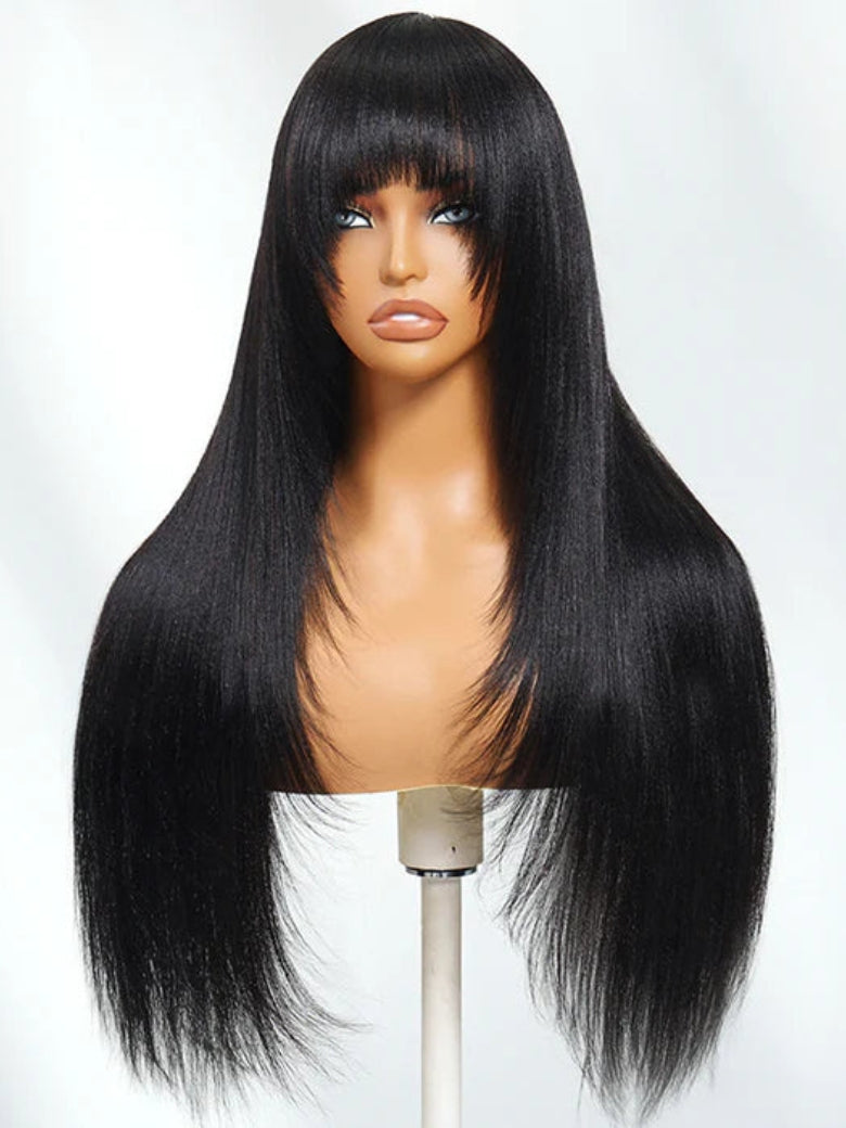 Sunber Yaki Straight Human Hair Glueless Wig with Blunt Cut Bangs Natural Black Color Flash Sale