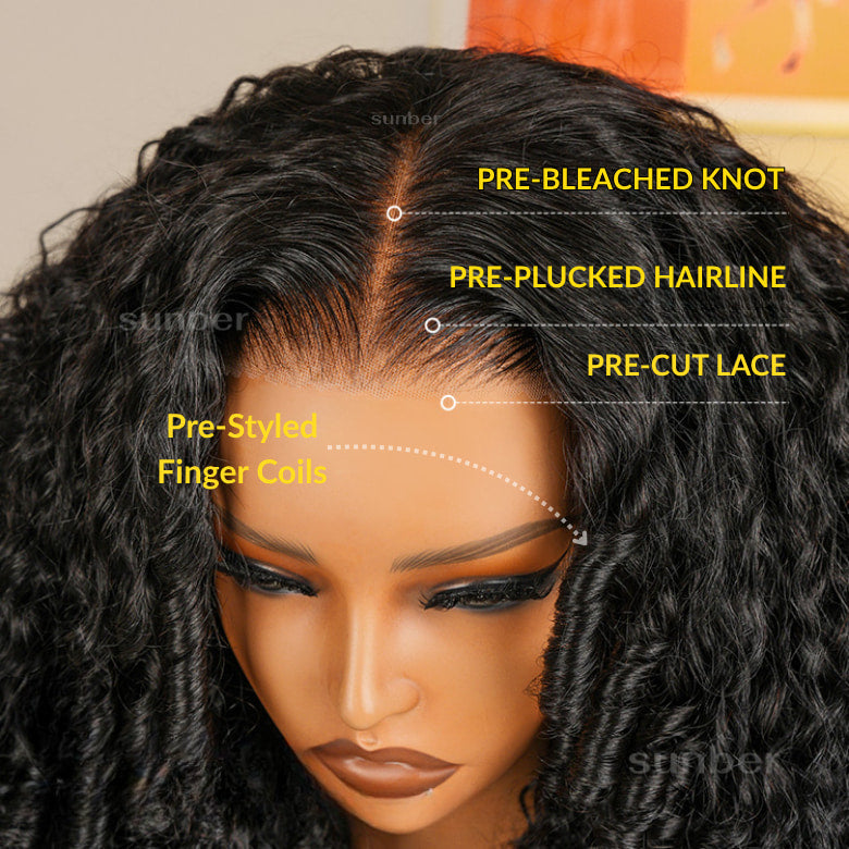 Sunber Pre-Styled Finger Coils Wig 7x5 Bye Bye Knots Glueless Spiral Curls Water Curly Hair Twist Out At The End Put On and Go Human Hair Wigs