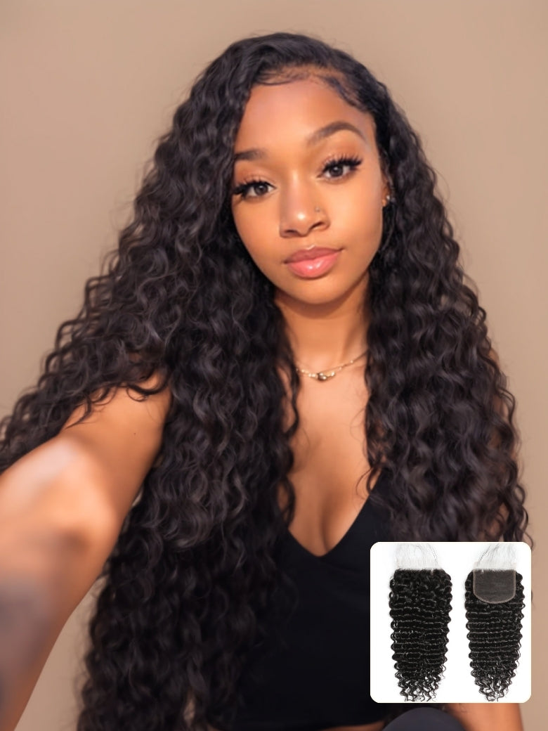 Sunber 1 Pc 5x5 HD Lace Closure Deep Wave Hair Deep Parting Transparent Lace Closure Invisible Knots Human Hair Closure