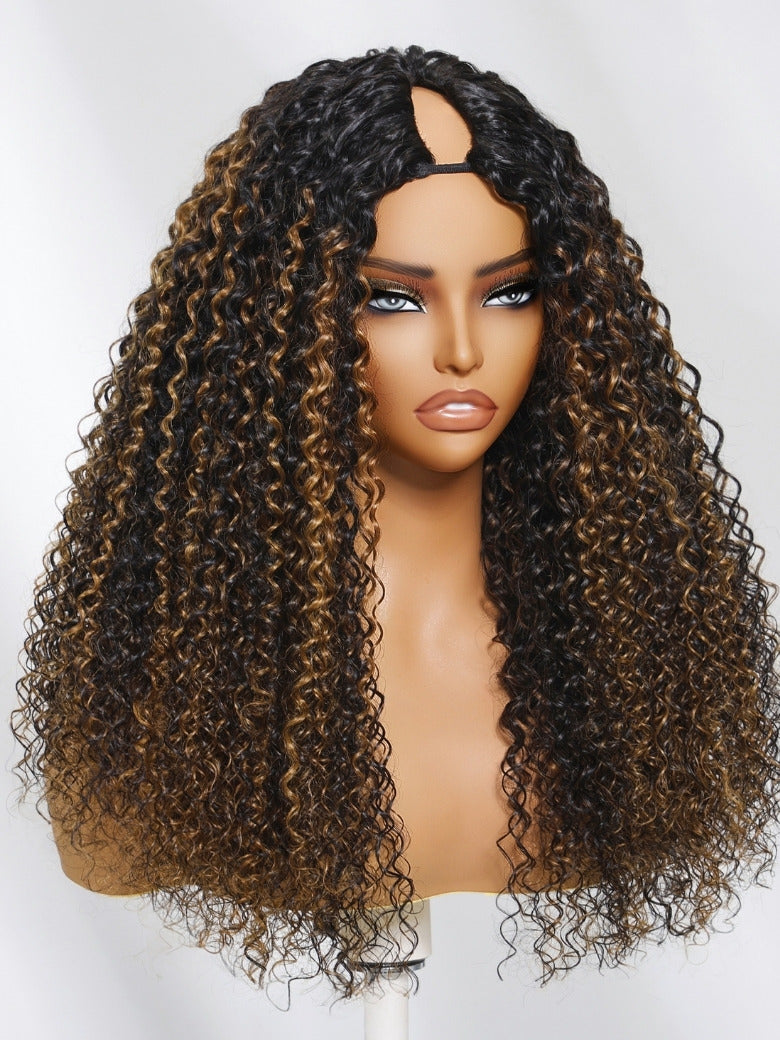 $100 OFF | Sunber Brown Highlights with Dark Roots Jerry Curly Upgraded V Part Wig