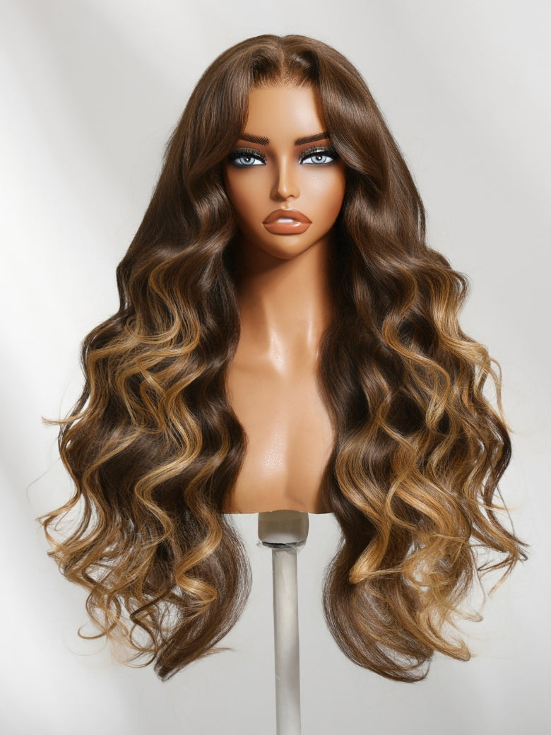 Sunber Loose Wave 7x5 Pre Cut Lace Closure Layered Brown Highlights Colored Wig