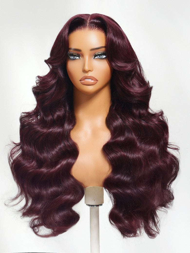 Sunber Purple Black Cherry Wispy Blow Out 7x5 Pre Cut Lace Loose Wave Bob Wig With Invisi Drawstring