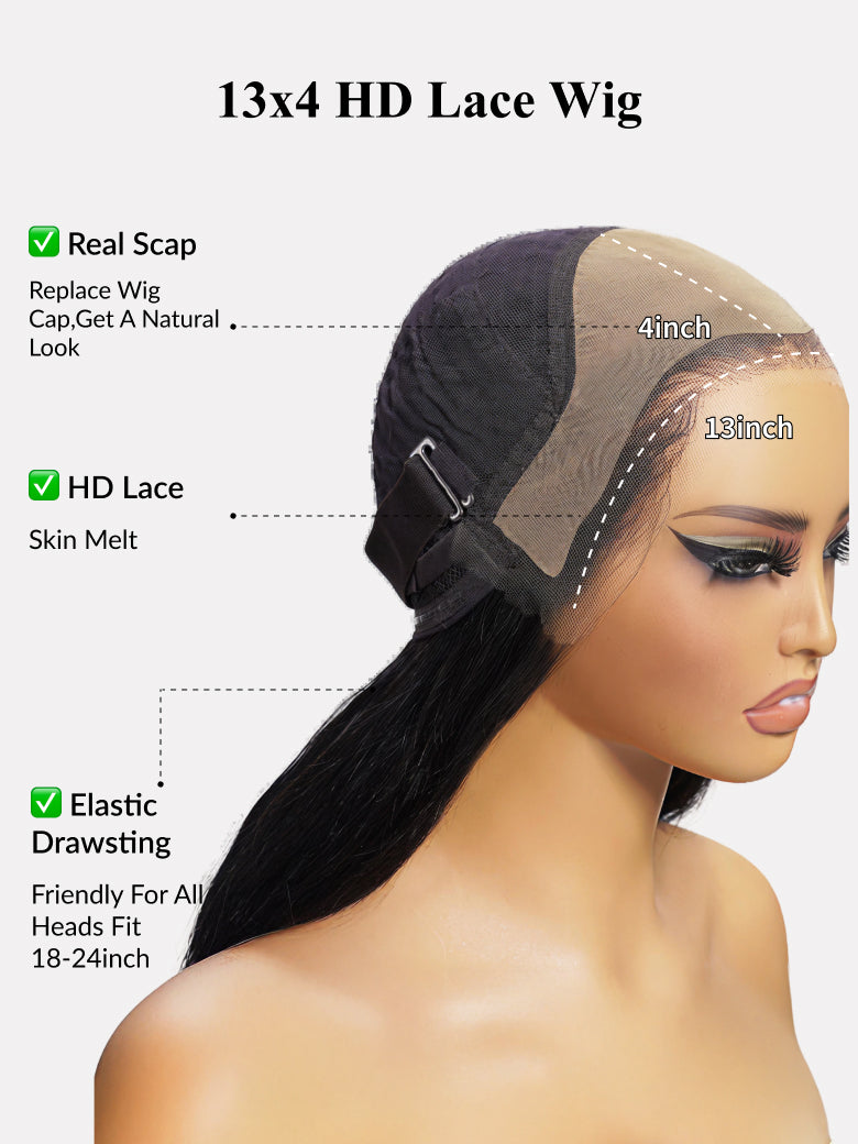 Sunber 13x4 HD Real Scalp Pre Everything Lace Frontal Natural Black Body Wave Wig With Elastic Drawstring