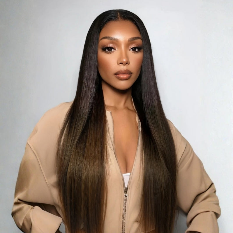 Sunber Yaki Straight Chestnut Brown Ombre V Part Glueless Human Hair Wig With Invisi Drawstring