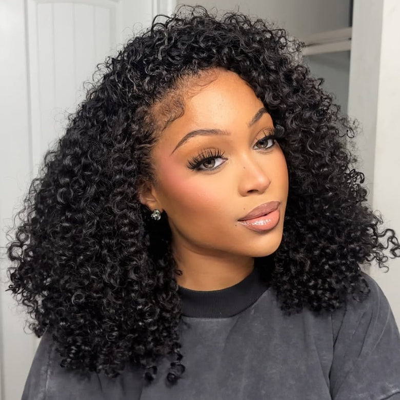 Sunber Flip Over 3/4 Half Wig Seamless Kinky Curly with 4C Edge and Invisi Drawstring-Glueless Put On And Go Beginner Friendly