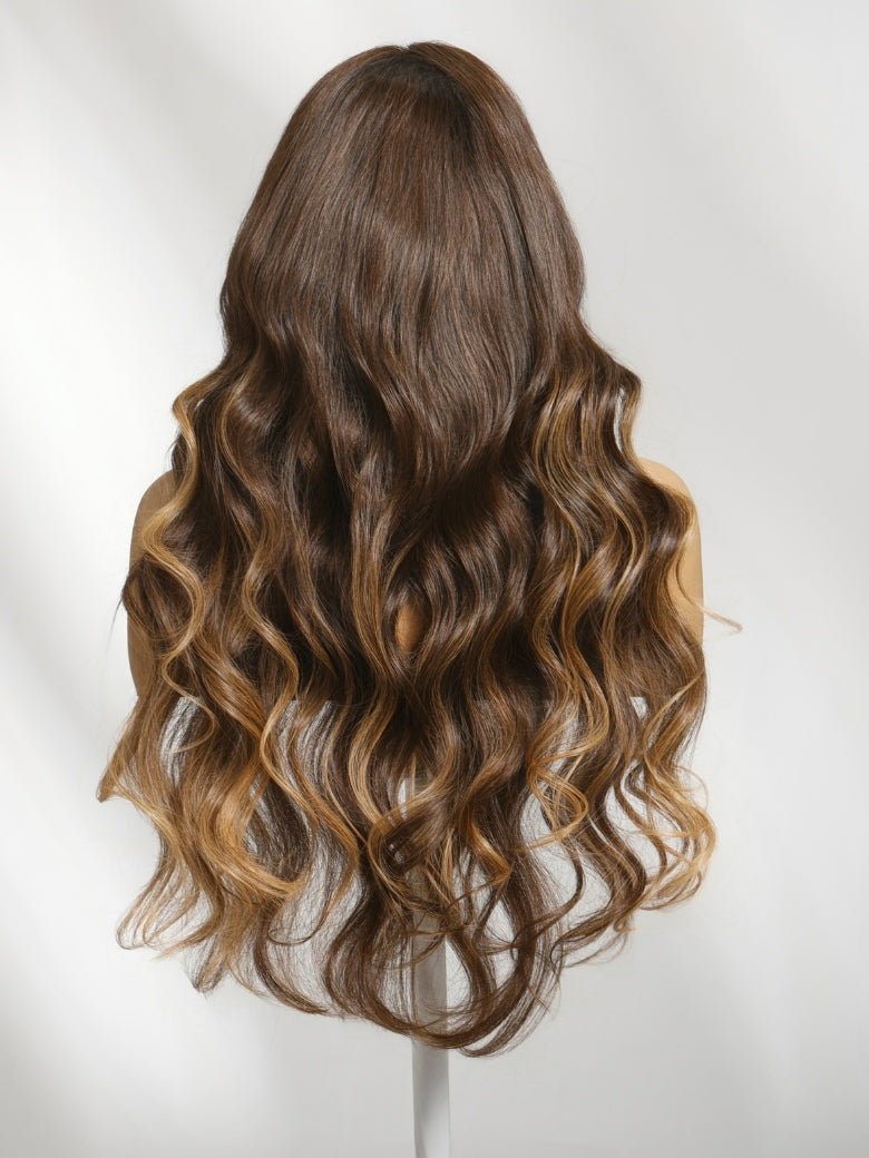 Sunber Loose Wave 7x5 Pre Cut Lace Closure Layered Brown Highlights Colored Wig