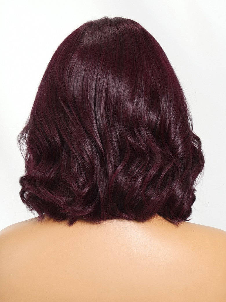 Sunber Purple Black Cherry Wispy Blow Out 7x5 Pre Cut Lace Loose Wave Bob Wig With Face-Framing Curtain Bangs