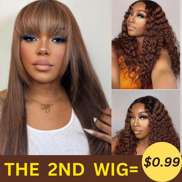 The 2ND WIG=$0.99|Ombre Reddish Brown Water Wave Glueless Wig And Chocolate Brown Layer Cut Straight Glueless Wigs With Bangs Flash Sale