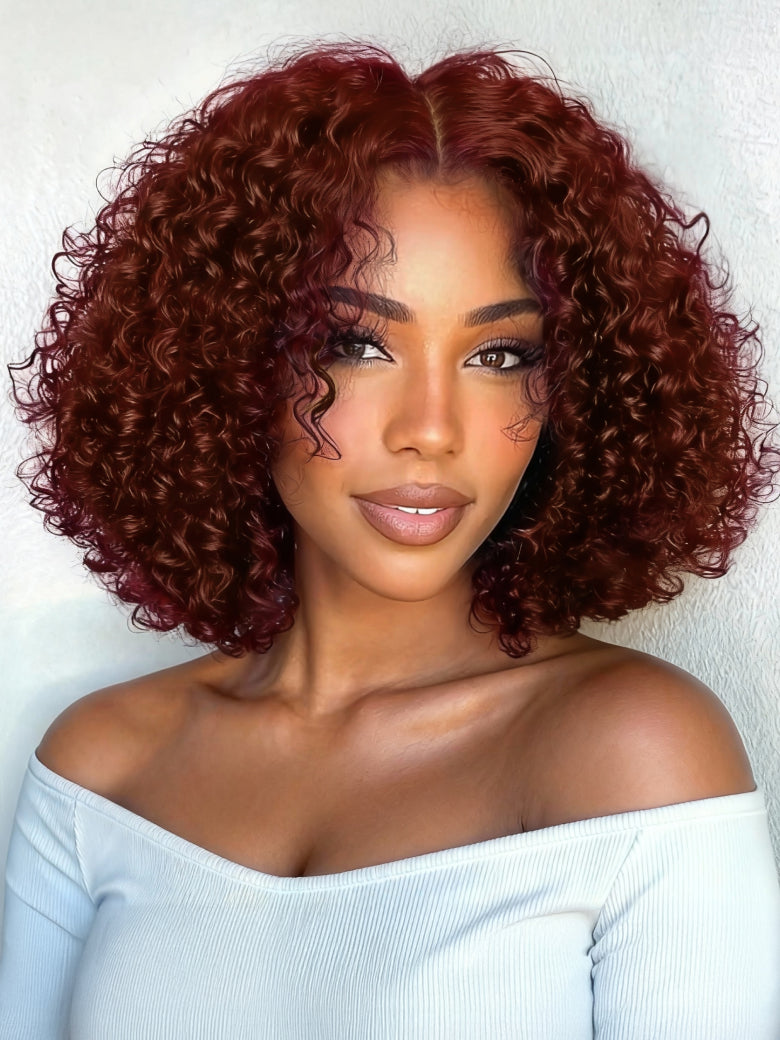 Sunber 7x5 Pre Cut Lace Reddish Brown Jerry Curly Bye Bye Knots Gluelesss Invisible Knots Wig With Invisi Drawstring Flash Sale