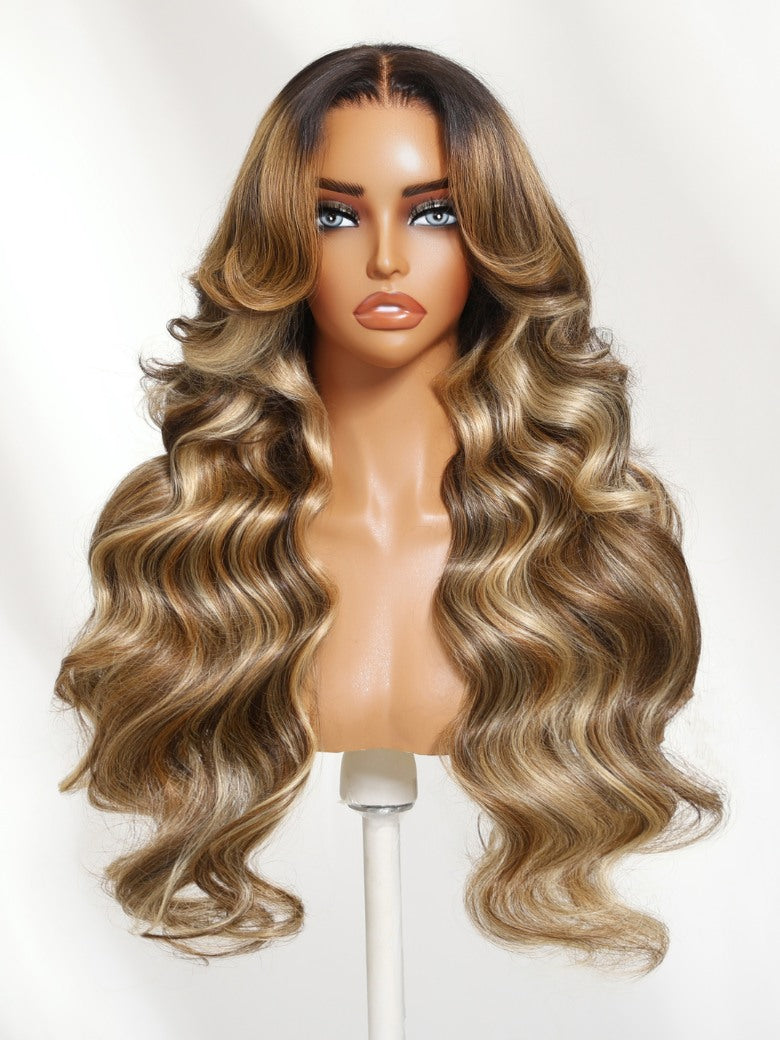 Sunber 13x4 Pre Everything Golden Blonde Ombre Highlight Loose Wave Lace Frontal Wig With Face Framing Voluminous Layered Curtain Bangs