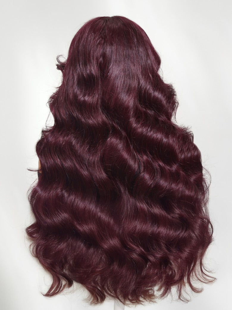 Sunber Purple Black Cherry Wispy Blow Out 7x5 Pre Cut Lace Loose Wave Bob Wig With Invisi Drawstring