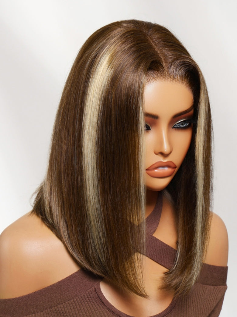 Sunber Ash Brown With Blonde Highlights 7x5 Lace Closure Sleek Straight Bob Wig