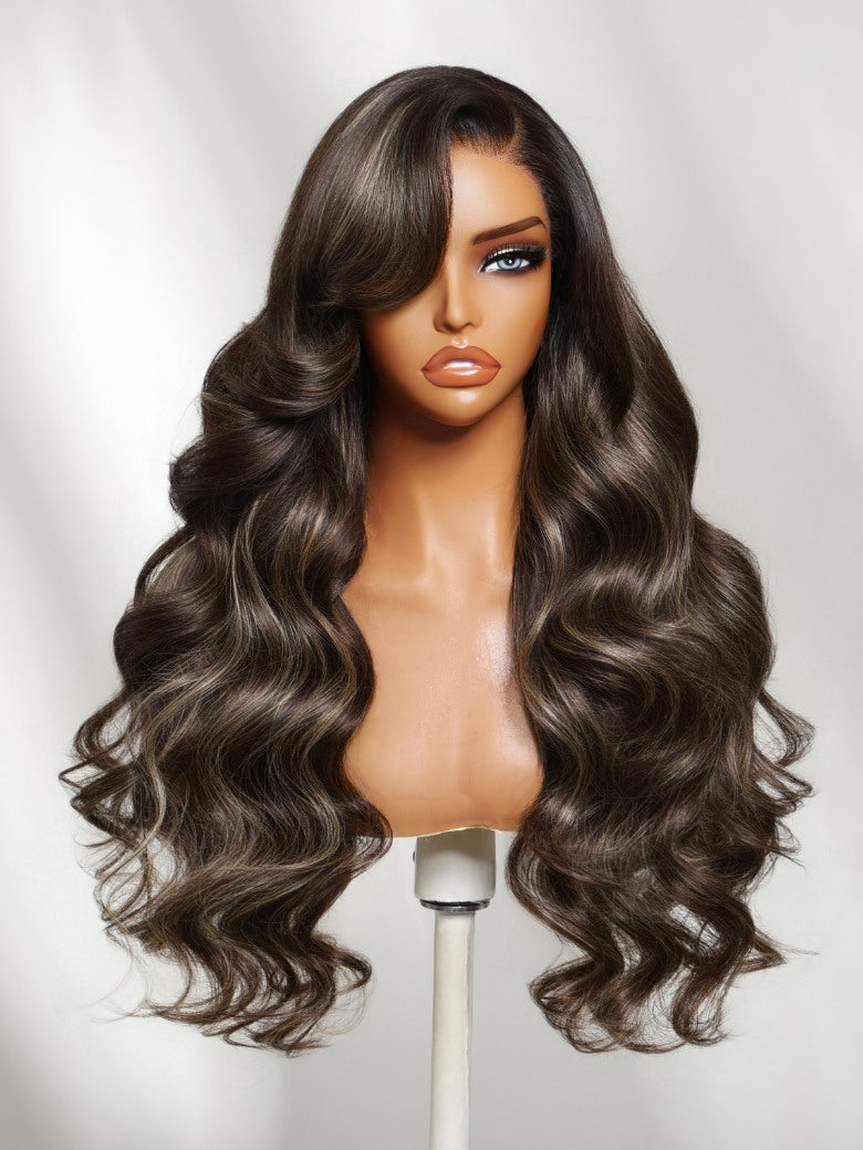 Sunber 7x5 Pre Cut Dark Brown Chocolate Highlights Lace Part Wig With Side Part Soft Glam Waves
