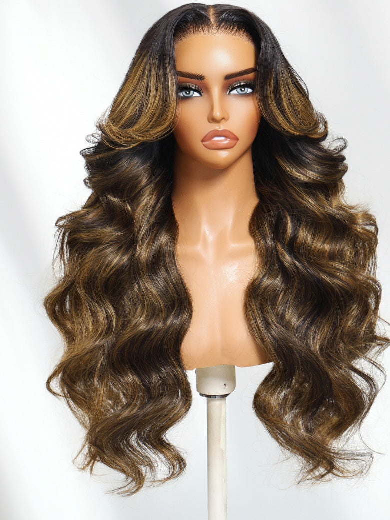 Sunber 180% Density Loose Wave Balayage Brown Highlight 7x5 Pre Cut Lace Glueless Wigs