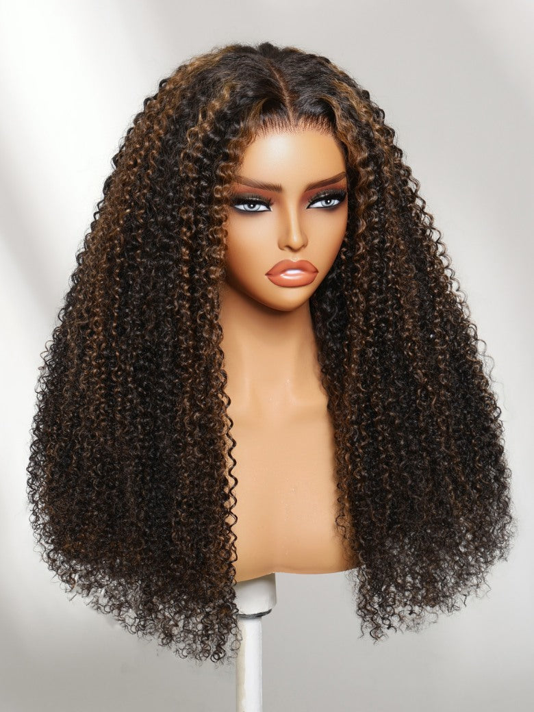 Sunber 7x5 Pre Cut Golden Brown Highlights Kinky Curly Lace Closure Wig With Invisi Drawstring