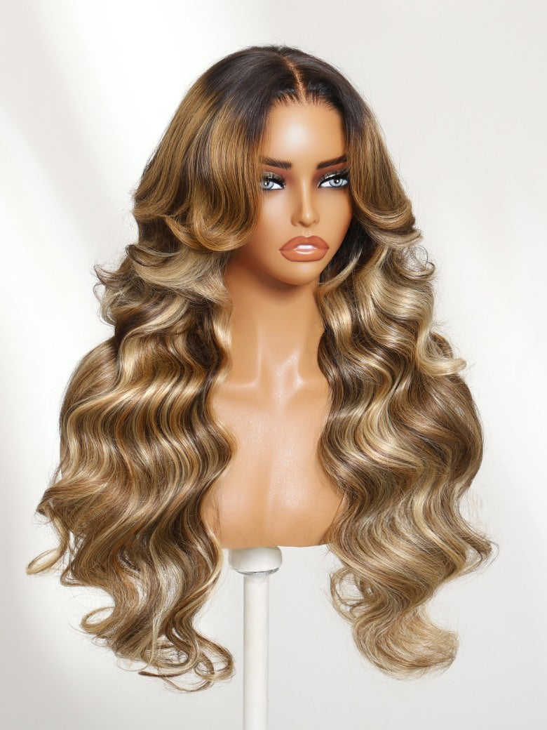 Sunber 13x4 Pre Everything Golden Blonde Ombre Highlight Loose Wave Lace Frontal Wig With Face Framing Voluminous Layered Curtain Bangs