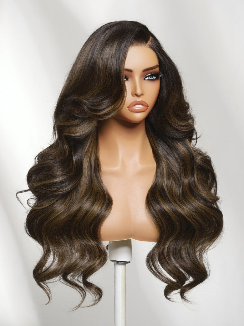 Sunber 7x5 Pre Cut Chestnut Brown Highlights With Dark Roots Salon-level Side Part Layered Lace Wig With Invisi Drawstring