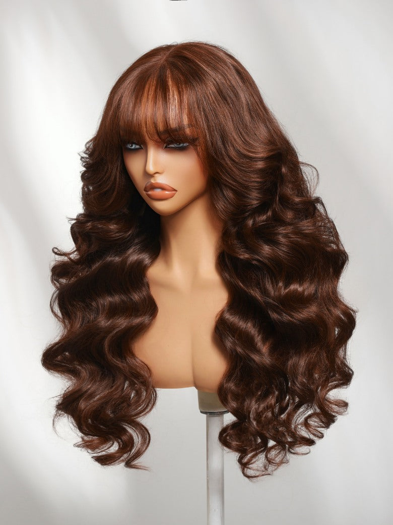 Sunber 180% Density 7x5 Pre Cut Chocolate Auburn Brown Salon styled Lace Wig With Face Framing Curtain Bangs
