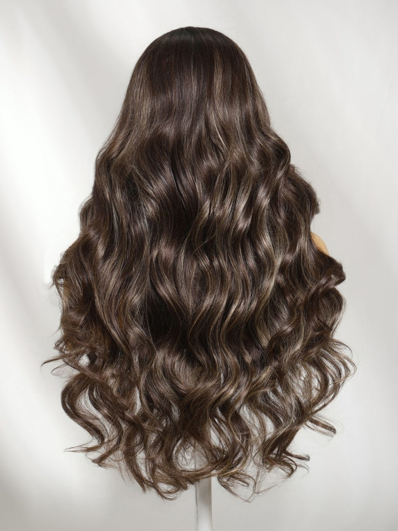 Sunber 7x5 Pre Cut Dark Brown Chocolate Highlights Lace Part Wig With Side Part Soft Glam Waves