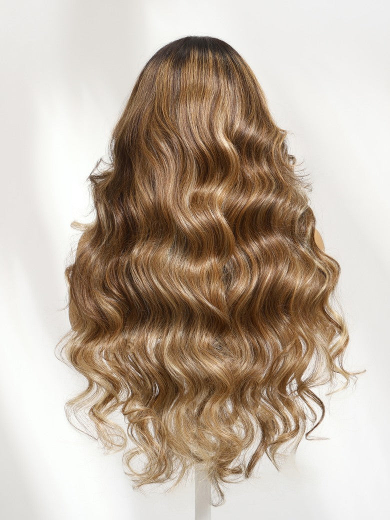 Sunber 13x4 Pre Everything Golden Blonde Ombre Highlight Loose Wave Lace Frontal Wig With Face Framing Voluminous Layered Curtain Bangs