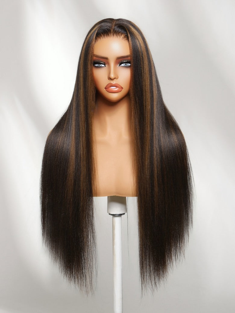 Sunber 7x5 Pre Cut Golden Brown Highlights Yaki Straight Lace Closure Wig With Invisi Drawstring