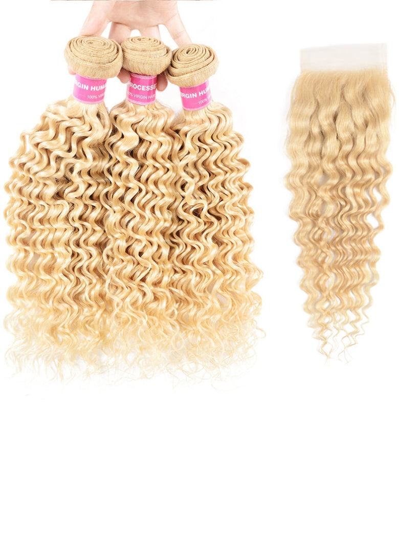 Sunber Hair 613 Blonde Deep Wave 3PCS With 4X4 Lace Closure 100% Virgin Human Hair Weaves