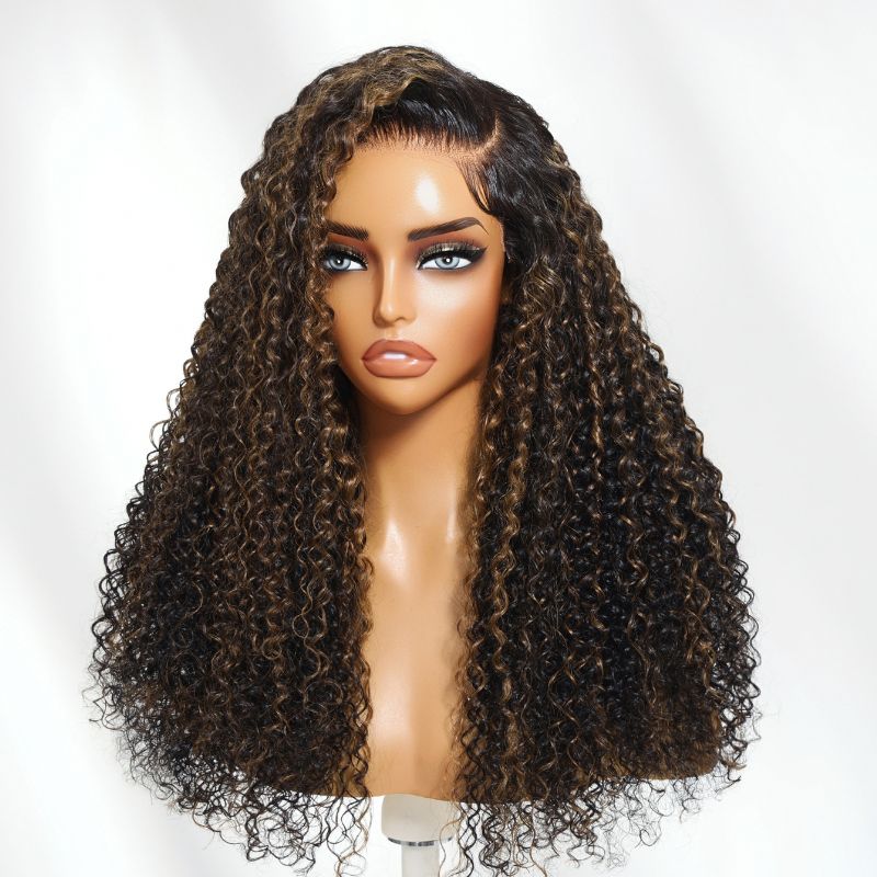 Sunber Golden Brown Highlights 7x5 Bye Bye Knots Jerry Curly Lace Wig With Pre Bleached