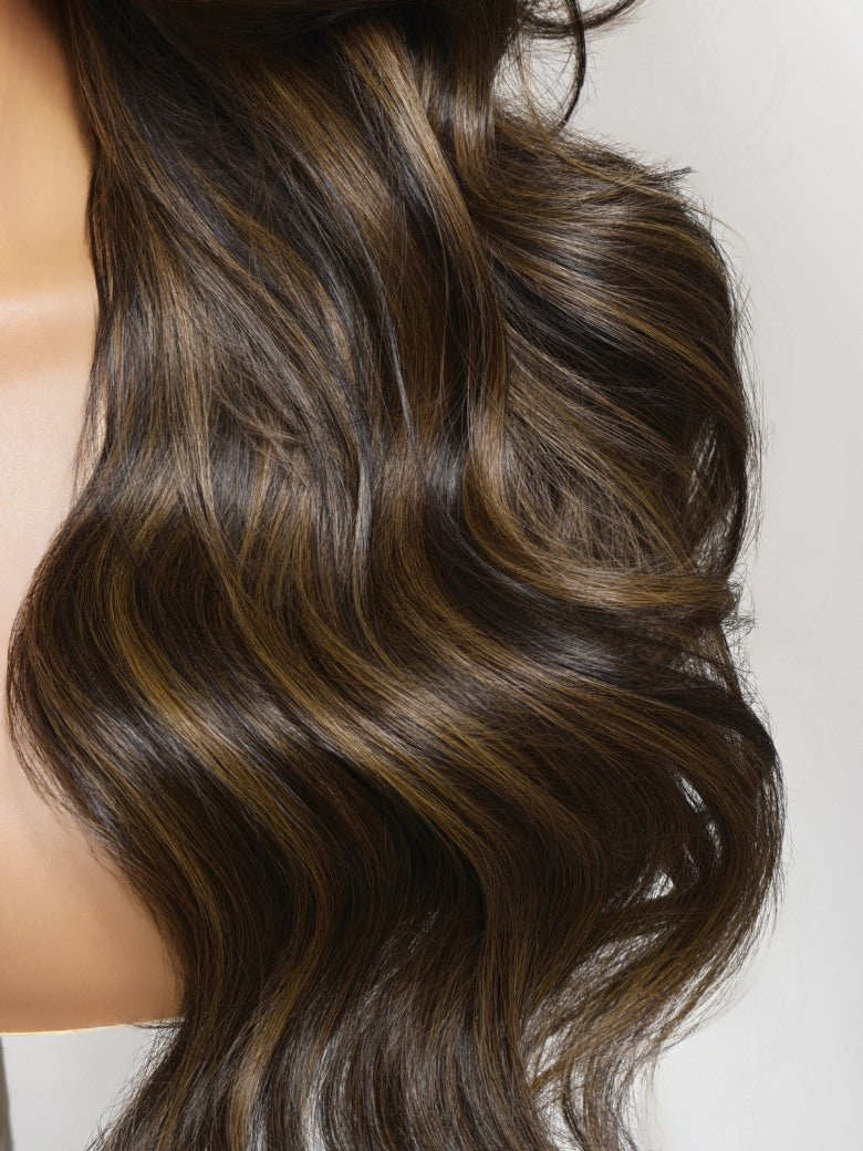 Sunber 7x5 Pre Cut Chestnut Brown Highlights With Dark Roots Salon-level Side Part Layered Lace Wig With Invisi Drawstring