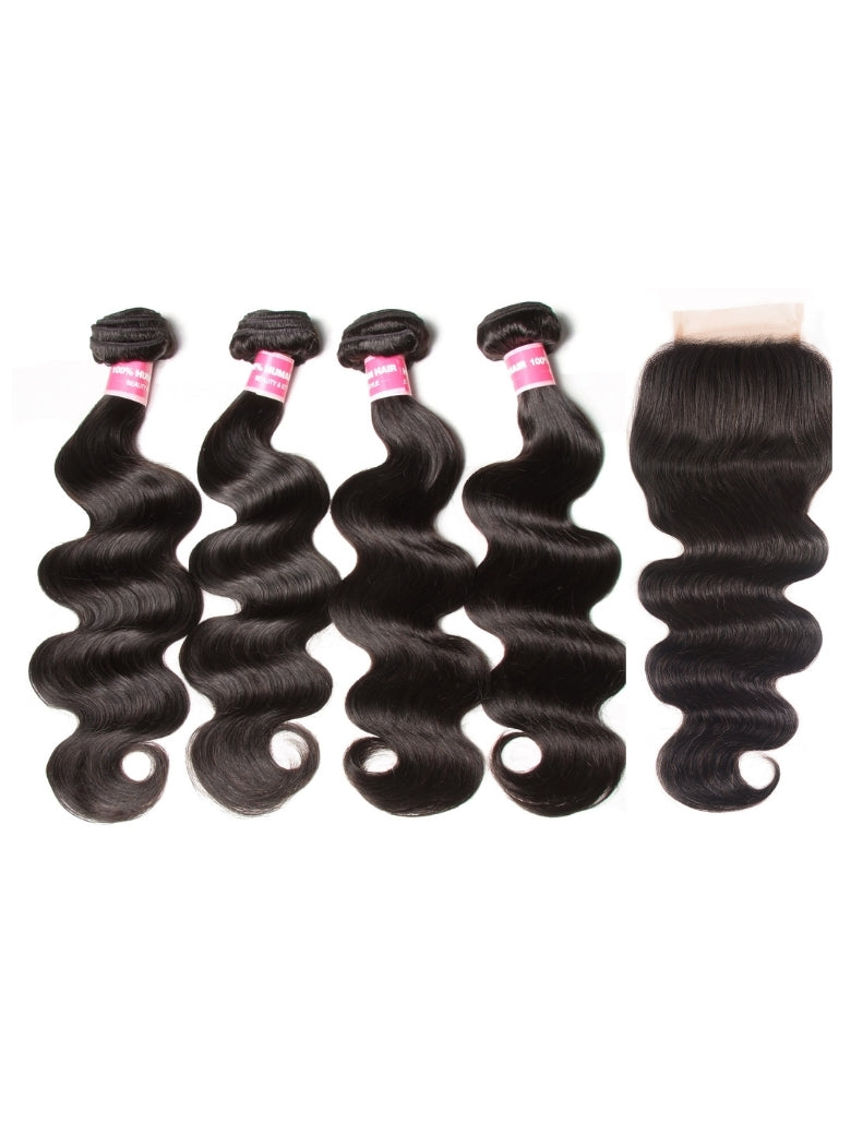 Sunber Hair Brazilian Body Wave Remy Human Hair 4 Bundles With 4*4 Lace Closure 100% Human Hair Extensions