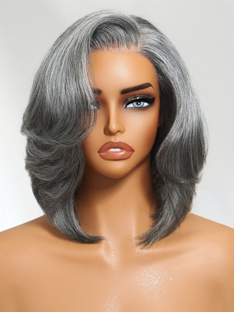 Sunber Salt and Pepper Layered Bob Minimalist Lace 6.5*5*1.5 Side Part Grey Wig Flash Sale