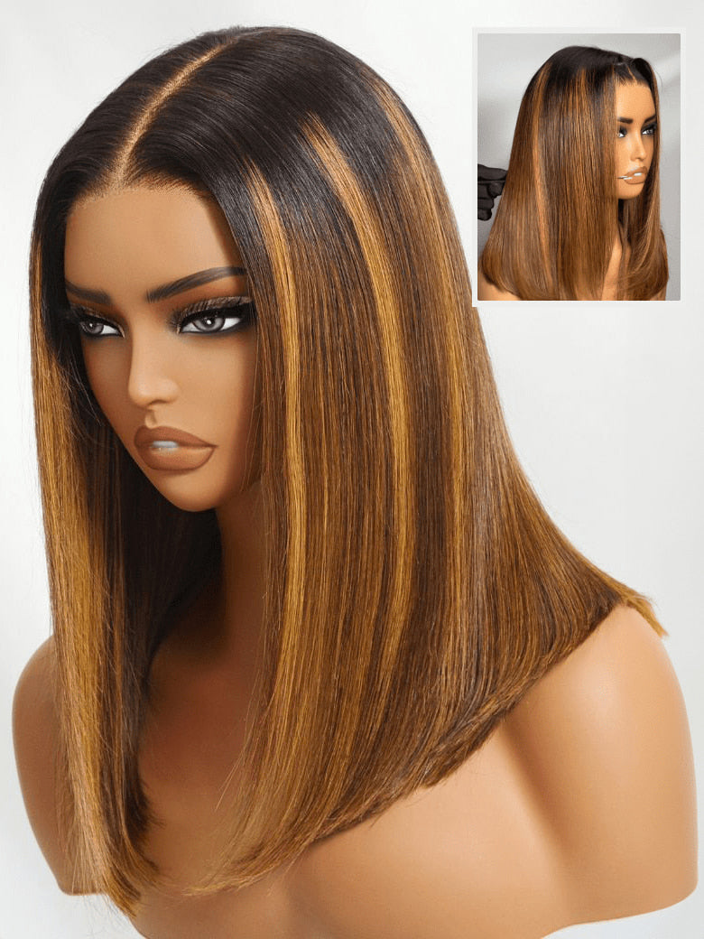 Sunber Caramel Highlights On Blonde 7x5/13x4 Pre Cut Lace Straight Bob Hair Wig With Dark Roots Flash Sale