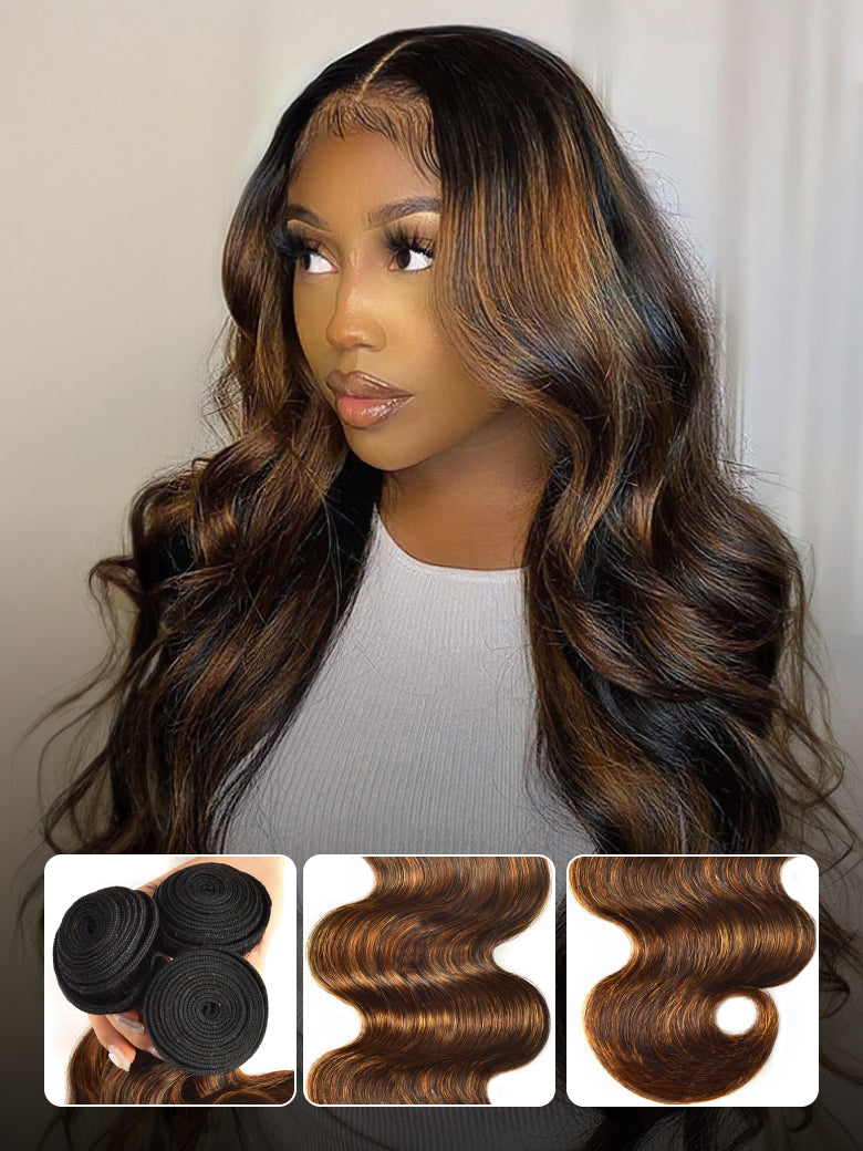 Sunber Highlight Balayage Color Body Wave 3 Bundles Weaves with 4x4 Lace Closure Virgin Human Hair