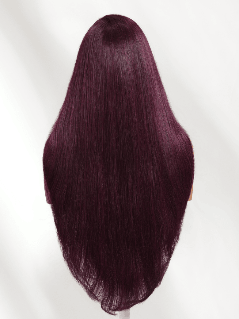 Sunber 180% Density Silky Straight 7x5 Pre Cut Lace Black Cherry Dark Burgundy Wig With C Part Fringe Long Layered Fringe Wispy Bangs