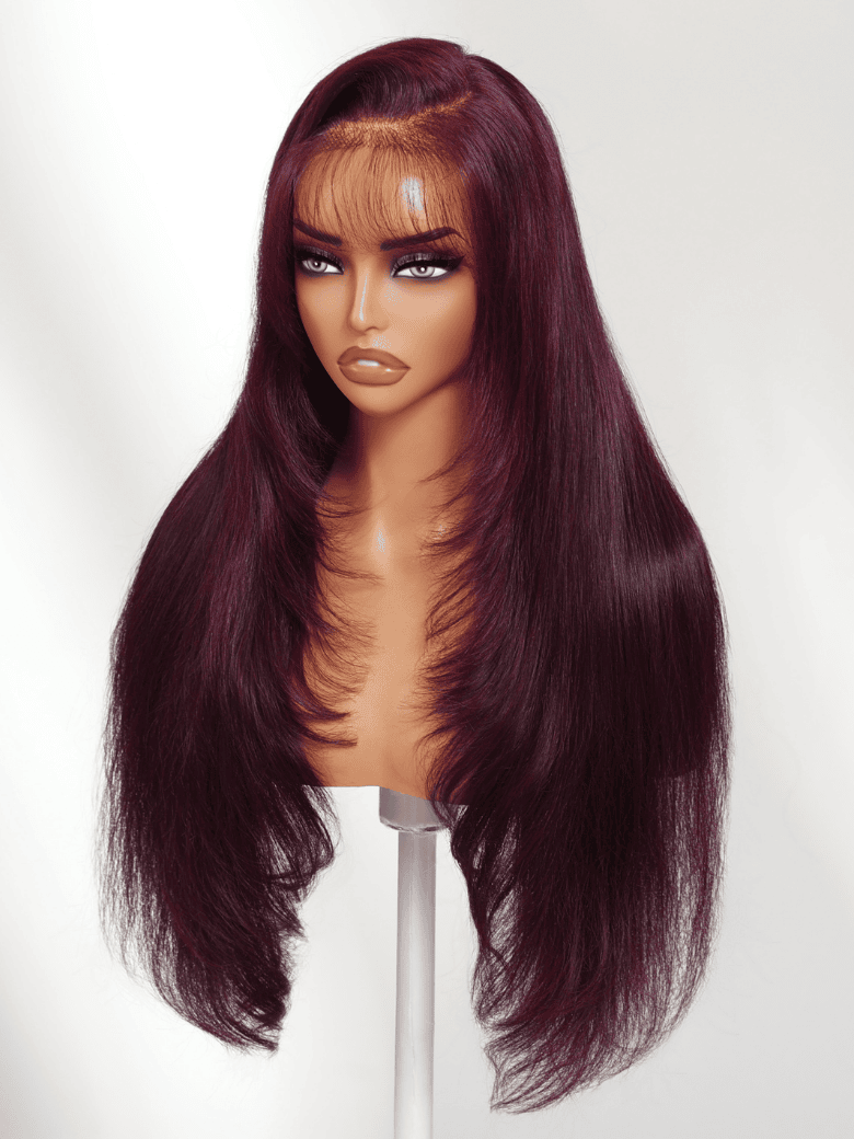 Sunber 180% Density Silky Straight 7x5 Pre Cut Lace Black Cherry Dark Burgundy Wig With C Part Fringe Long Layered Fringe Wispy Bangs