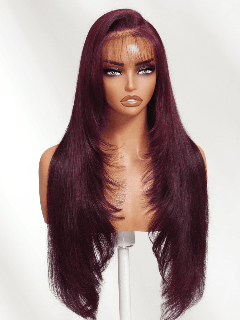 Sunber 180% Density Silky Straight 7x5 Pre Cut Lace Black Cherry Dark Burgundy Wig With C Part Fringe Long Layered Fringe Wispy Bangs