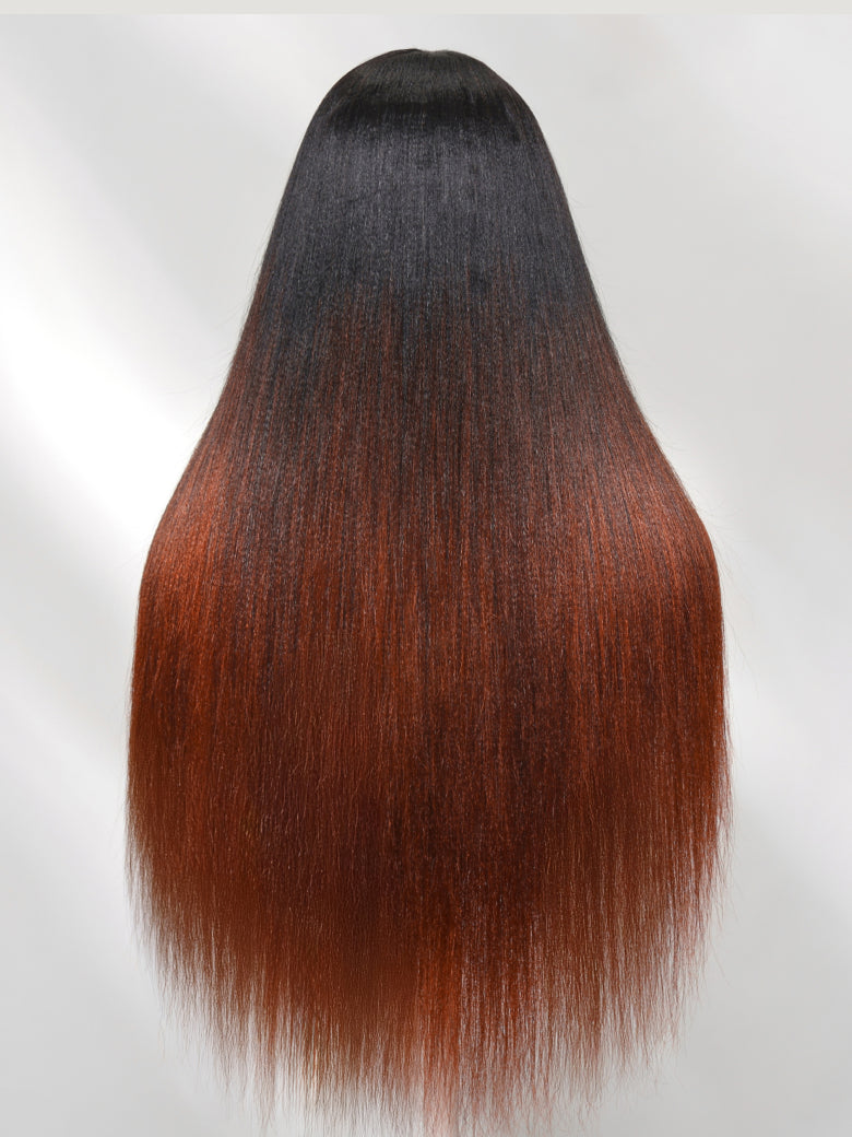 Flash Sale Sunber Yaki Straight V Part Wigs Ombre Reddish Brown with Dark Roots Upgrade Invisi Drawstring Vip Member