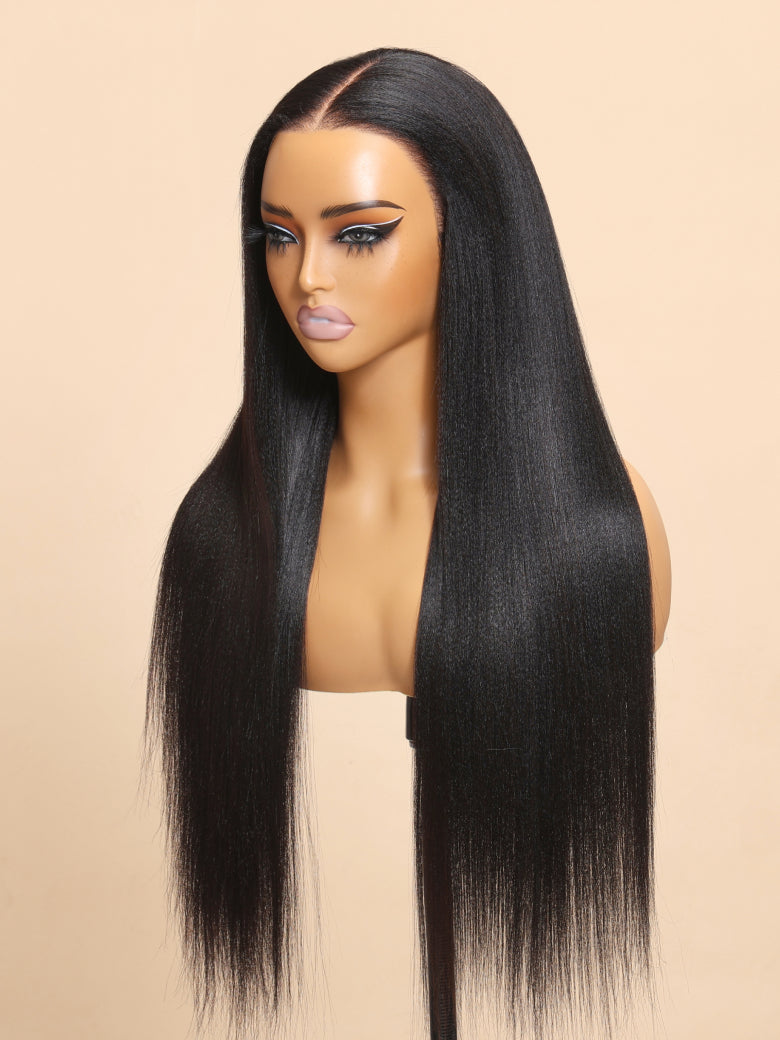 Sunber Yaki Straight 7x5 Glueless Lace Wig With Elastic Drawstring -Pull And Go & Bleach Knots & Pre-cut