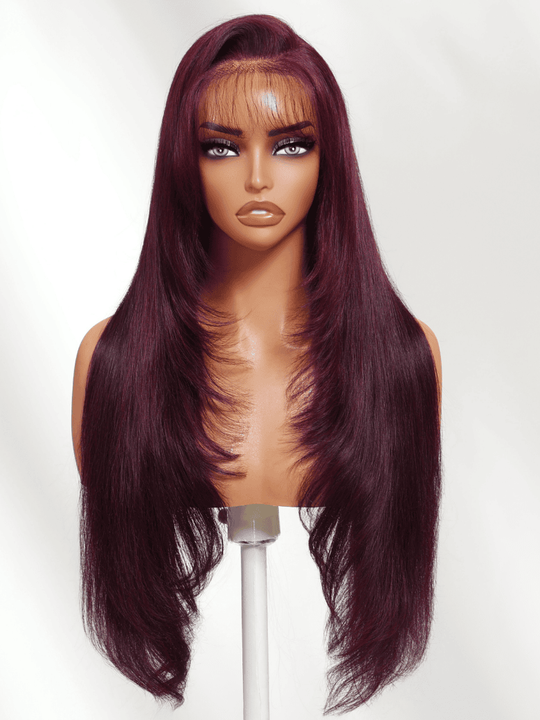 Sunber 180% Density Silky Straight 7x5 Pre Cut Lace Black Cherry Dark Burgundy Wig With C Part Fringe Long Layered Fringe Wispy Bangs
