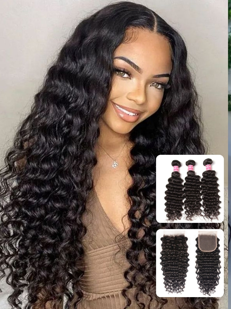 Sunber Hair Brazilian Virgin Deep Wave Hair 3 Bundles With 4"*4" Lace Closure, 100% Human Hair