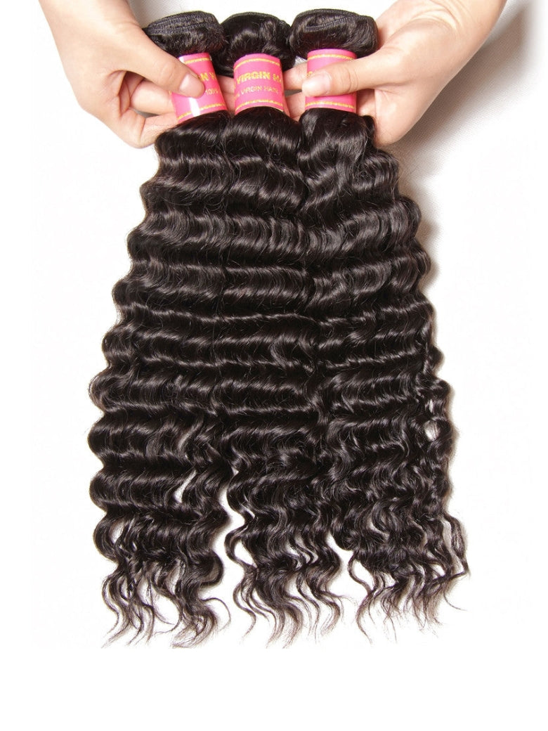 Sunber Hair Brazilian Virgin Deep Wave Hair 3 Bundles With 4"*4" Lace Closure, 100% Human Hair