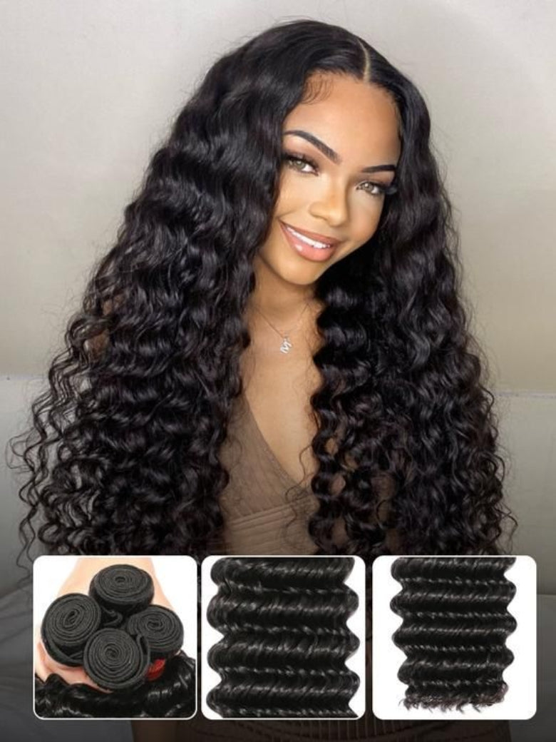 Sunber Hair New Remy Hair Peruvian Deep Wave 3 Bundles 100% Human Hair Weave