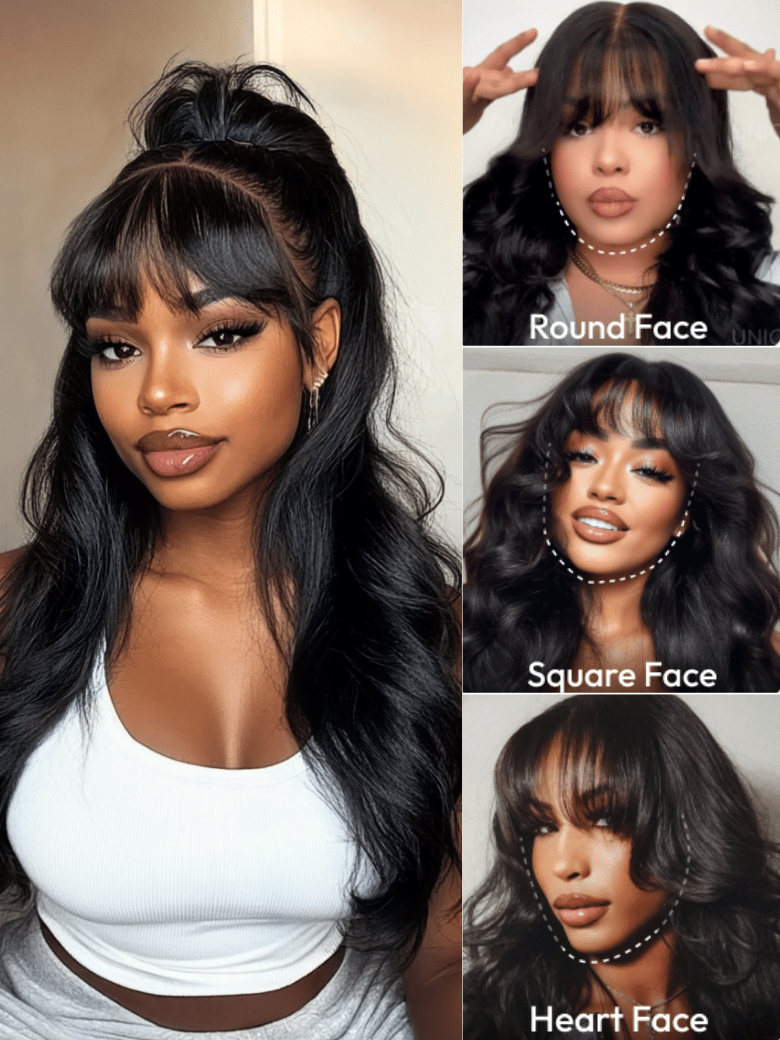 Sunber Pre-Everything 13x4 Lace Frontal Loose Wave Wigs with Bangs-Fluffy Hair 3D Dome Cap & Glueless
