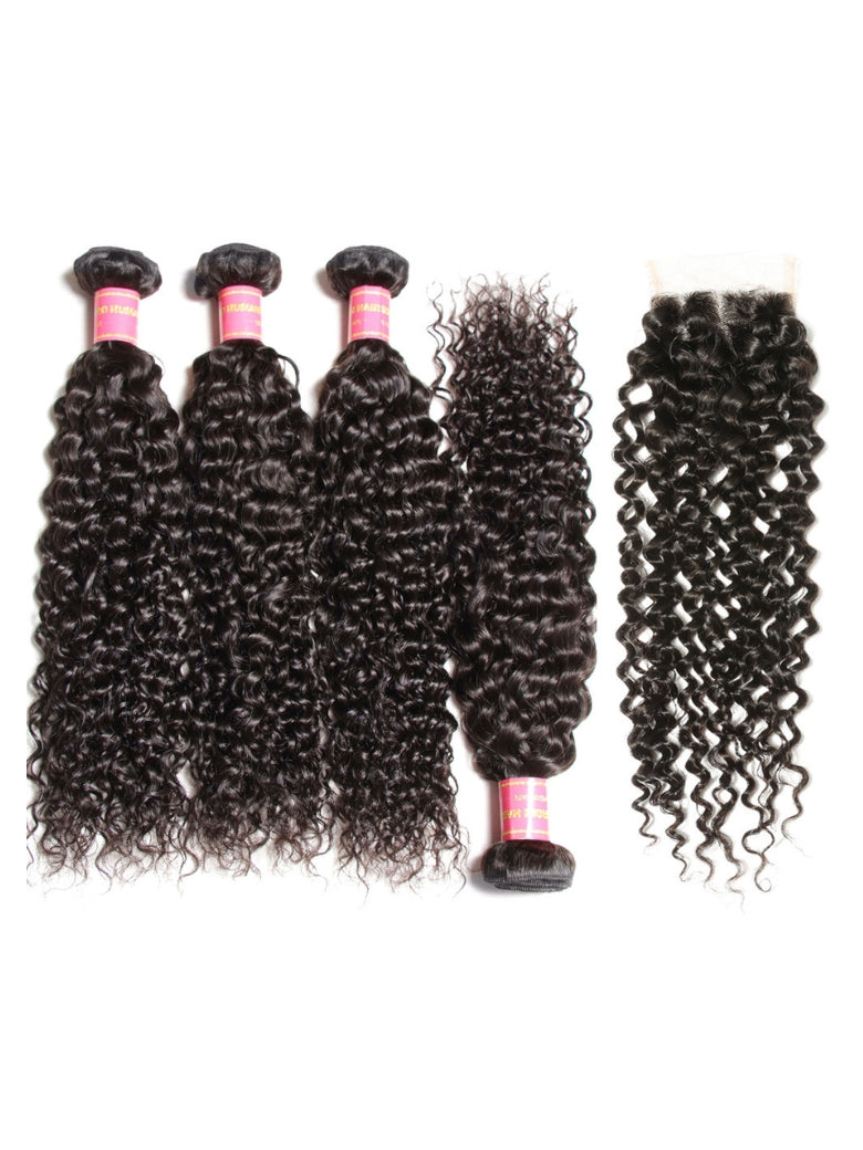 Sunber Hair Malaysian Curly 4 Bundles with 1pcs Lace Closure-100% Human Hair Weave