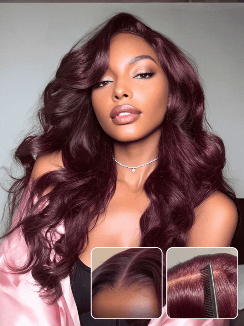Sunber Purple Black Cherry Wispy Blow Out 7x5 Pre Cut Lace Loose Wave Bob Wig With Invisi Drawstring
