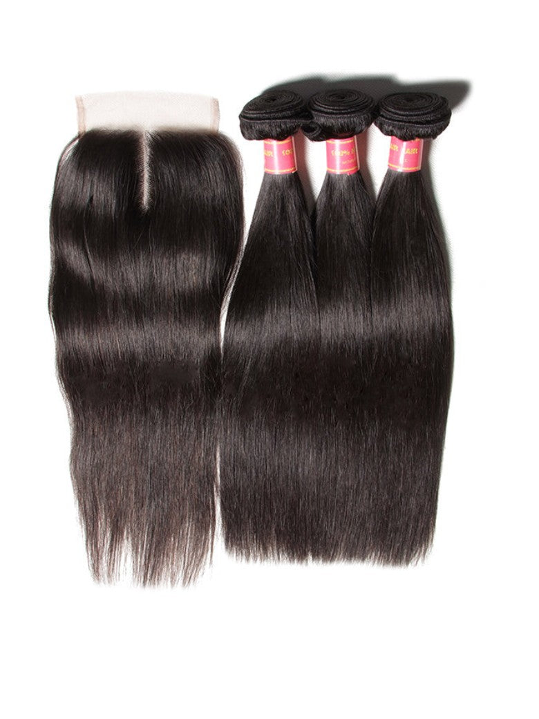 Sunber Hair Indian Virgin Hair Silky Straight Hair 3 Bundles With 4x4 Lace Closure, 8A Human Hair Weaves