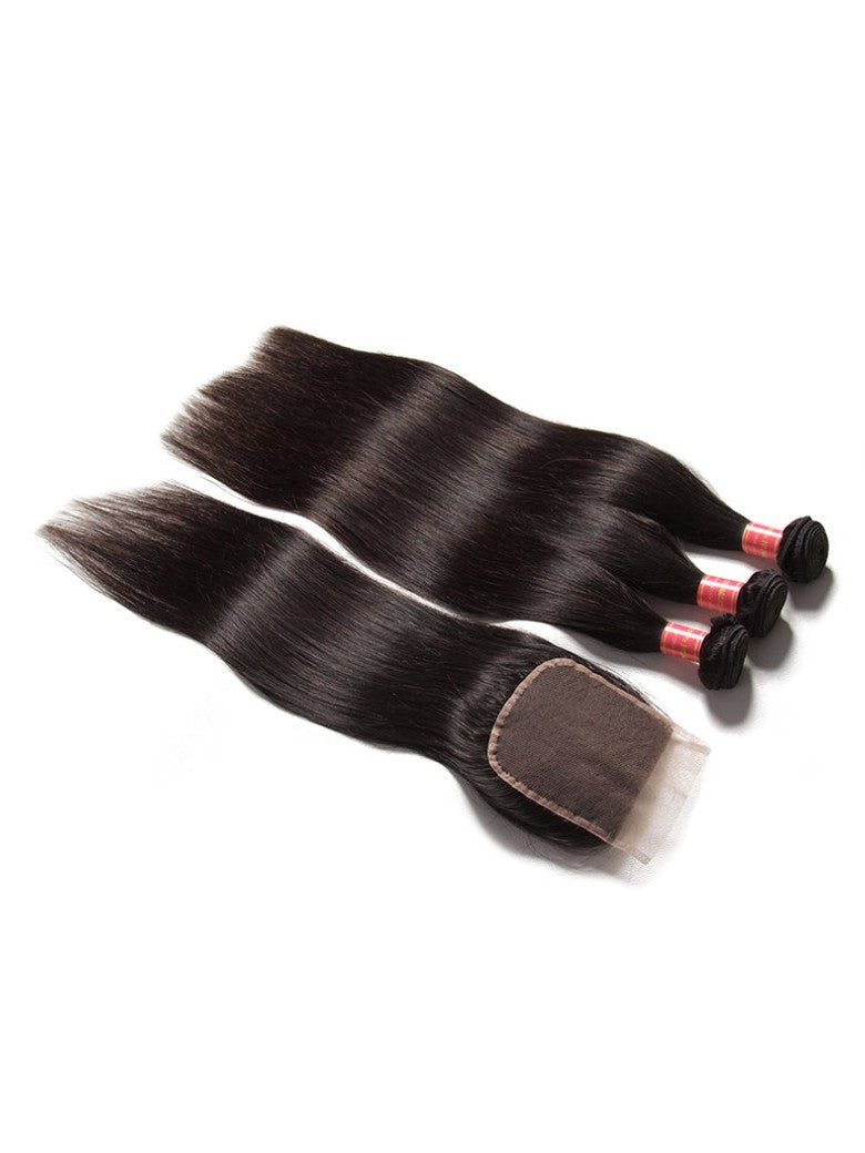Sunber Hair Indian Virgin Hair Silky Straight Hair 3 Bundles With 4x4 Lace Closure, 8A Human Hair Weaves