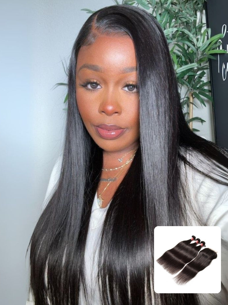 Sunber Hair Indian Virgin Hair Silky Straight Hair 3 Bundles With 4x4 Lace Closure, 8A Human Hair Weaves