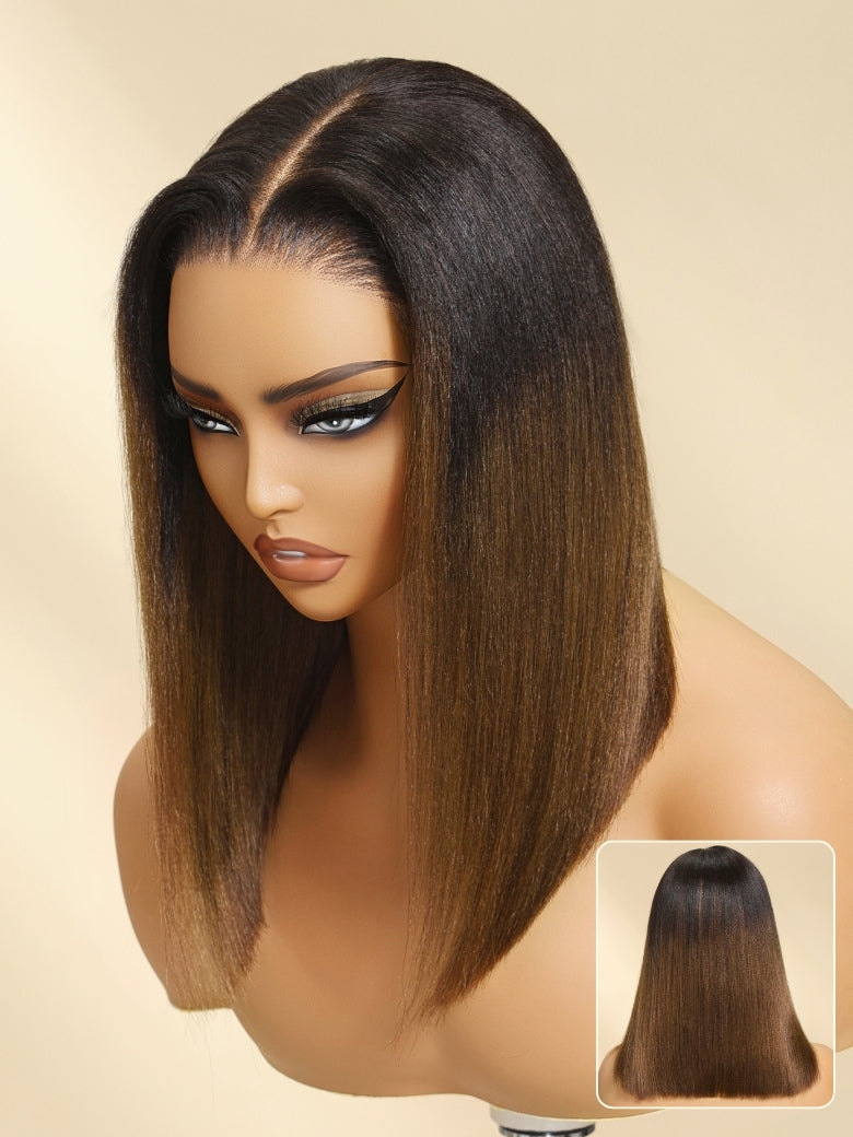 $100 Off| SunberPut On and Go Ombre Chestnut Brown 7x5 Bye-Bye Knots Yaki Straight Short Bob Wig with Invisi Drawstring