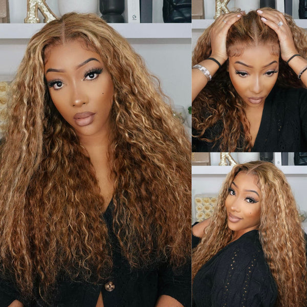 Sunber Water Wave Honey Blonde Highlighted 7x5 Bye Bye Knots Lace Closure Wig With Trend Color Wig